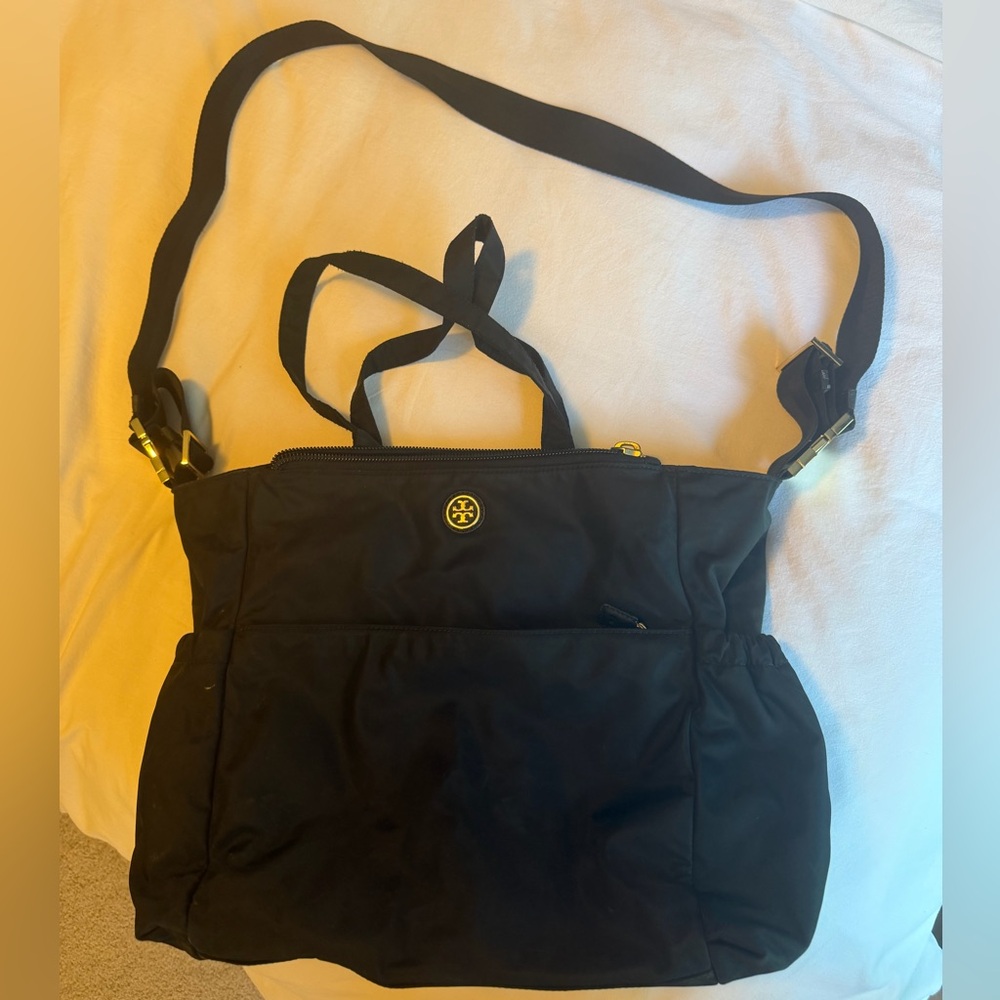 Tory Burch Black Nylon Diaper Bag with Gold Logo